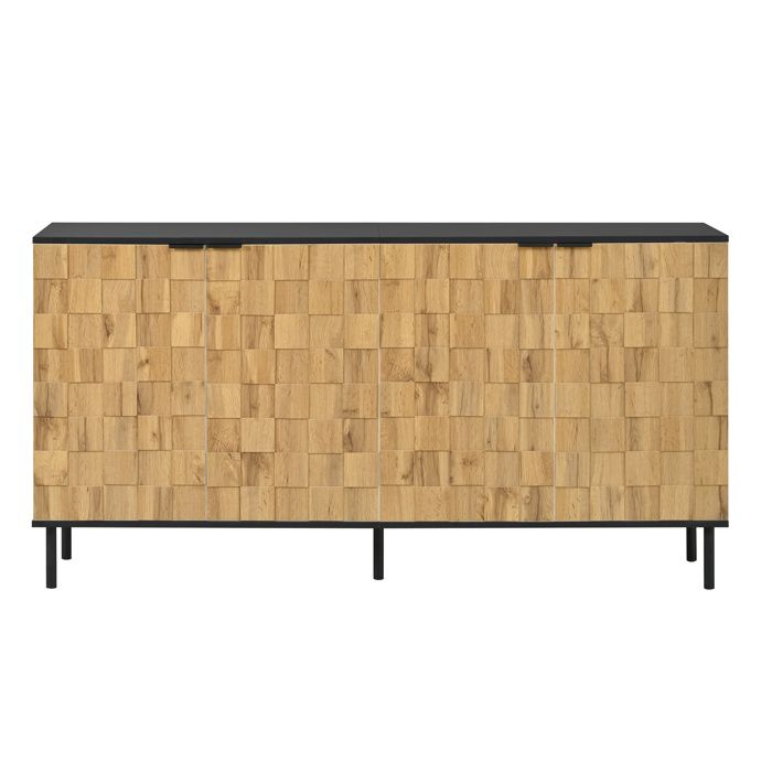 Buffet bas 2 portes - Sideboard décor mosaïque - aspect bois naturel et noir - 160 cm