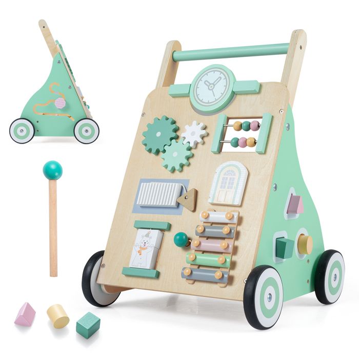 COSTWAY 2 en 1 Chariot de Marche Bebe en Bois avec 9 Jeux dÉveil Jouet Montessori de Marche Centre dActivités 18 Mois+ Vert