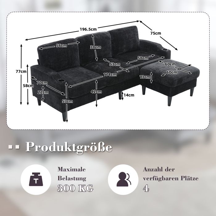 Canapé modulable 4 places - ZEVKOR - Modulable - Tissu chenille noir - Pouf coffre - Porte-gobelets