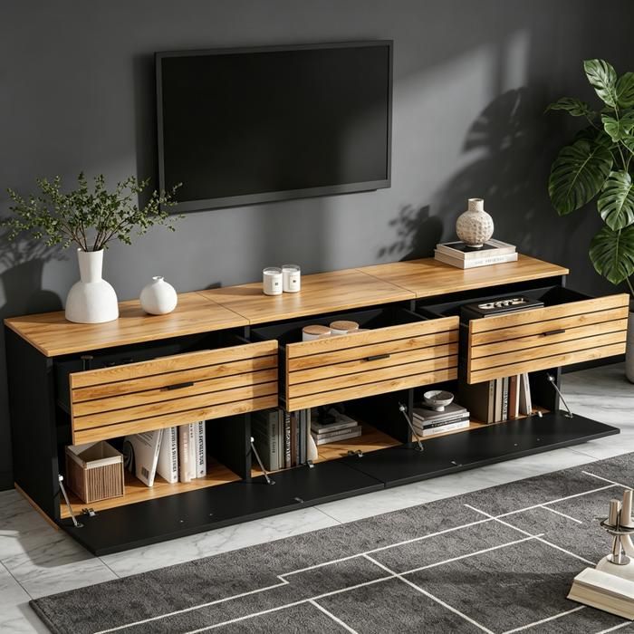 Meuble TV 168 cm Bois Noir pour Écran 65 Pouces Banc TV Industriel avec 3 Tiroirs et 2 Portes Motif Ondulé Salon 168x38x59 cm