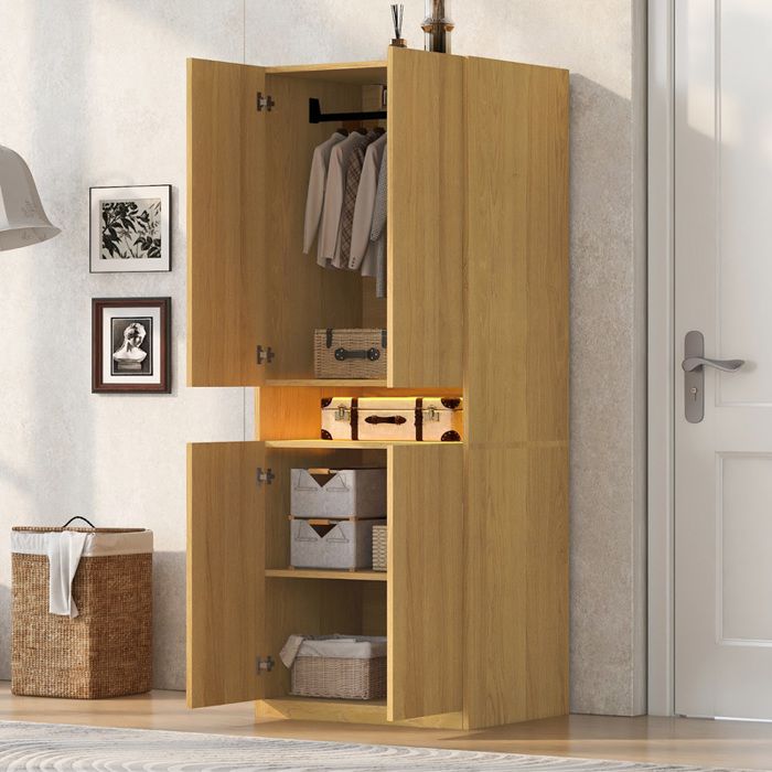 Armoire 70x55x180 cm avec LED 2 portes penderie et grands rangements MDF effet bois naturel