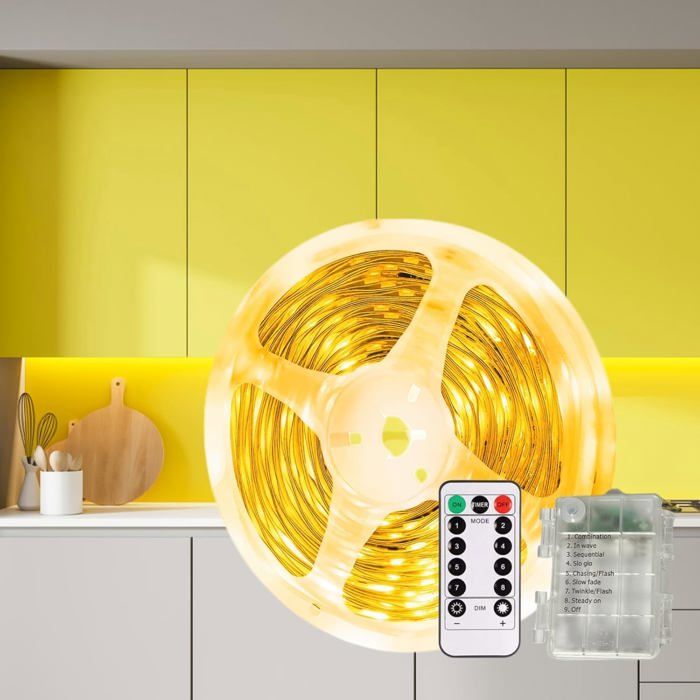 Ruban LED à Piles 3M 90 LED Télécommande Dimmable 8 Modes Minuterie Étanche Découpable Blanc Chaud
