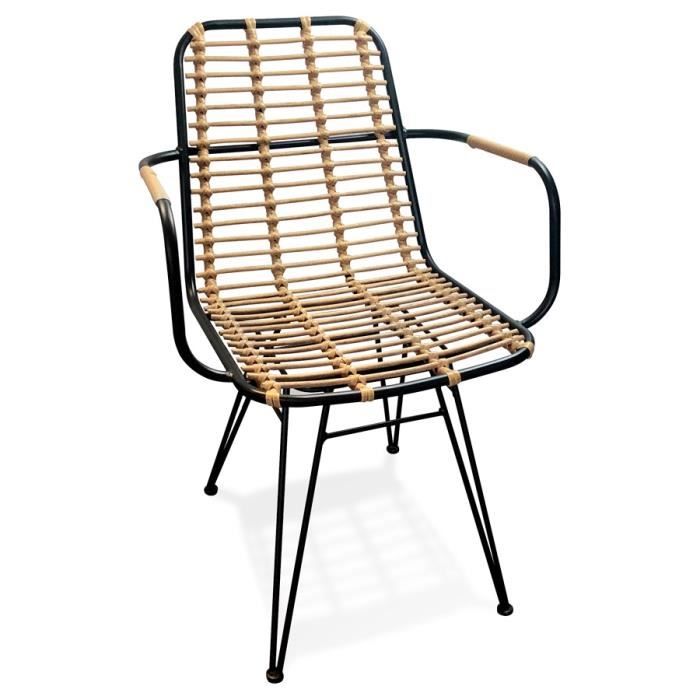 chaise avec accoudoirs 'bastia' en rotin couleur naturelle et métal noir - intérieur / extérieur