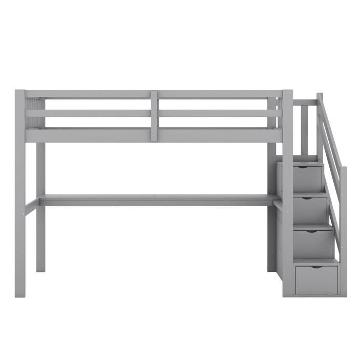 lit mezzanine enfant - bois massif - gris - avec tiroirs de rangement et bureau