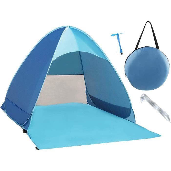 Tente Plage PopUp Portable 3 Pers Anti UV UPF50+ Ventilee Fermeture GlissiereSac