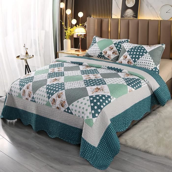 Couvre-Lit Matelassé 1 Personne 150x200cm - 100% Coton - Motif Floral Réversible - Pour Toutes Saisons - Lavable En Machine