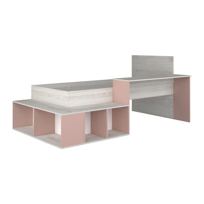 Lit multifonction Quinn - Blanc et rose - Pour matelas 90x200 cm - Avec bureau et rangement