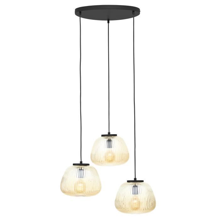 Suspension Kaizen à 3 lampes - BRILLIANT - G90939-77 - Verre nervuré - Métal noir mat - Plastique marron
