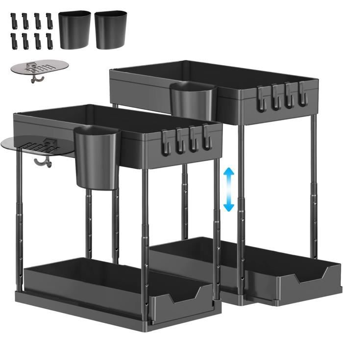 Organisateur Sous évier 2 Niveaux Coulissant – En Métal, Réglable En Hauteur (33/38/43 Cm), Blanc