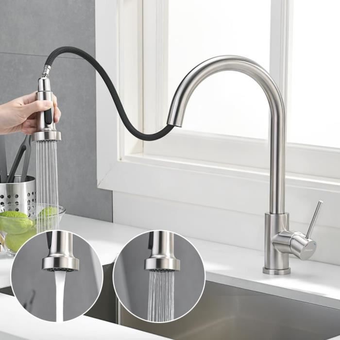 Robinets De Cuisine Avec Douchette Extractible, Mitigeur De Cuisine Pivotant Pour Eau Chaude Et Froide En Laiton Monotrou Extractible Pour évier De Cuisine - Blanc