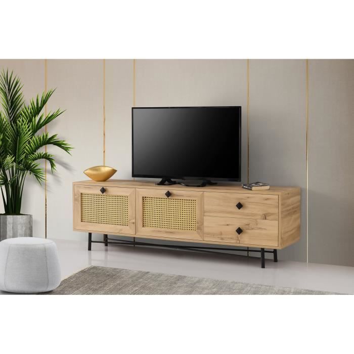 meuble de salon - emob - meuble tv en panneau de particules enrobés de mélamine - marron - 2 tiroirs
