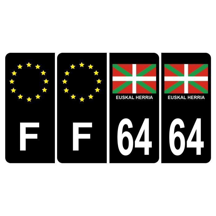 Lot de 4 Autocollants Sticker Plaque d'immatriculation Voiture 64 Euskal Herria Pays Basque Noir Logo Couleur & F Europe