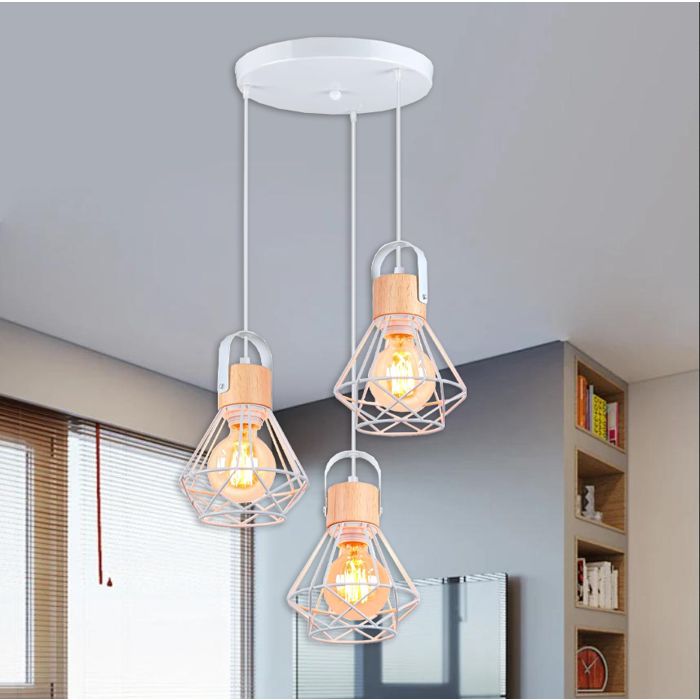 IDEGU 3 Lampes Suspension Luminaire Industrielle 16CM Vintage Lustre Suspension en Fer et Bois Rétro Cage Design Blanc pour Salon