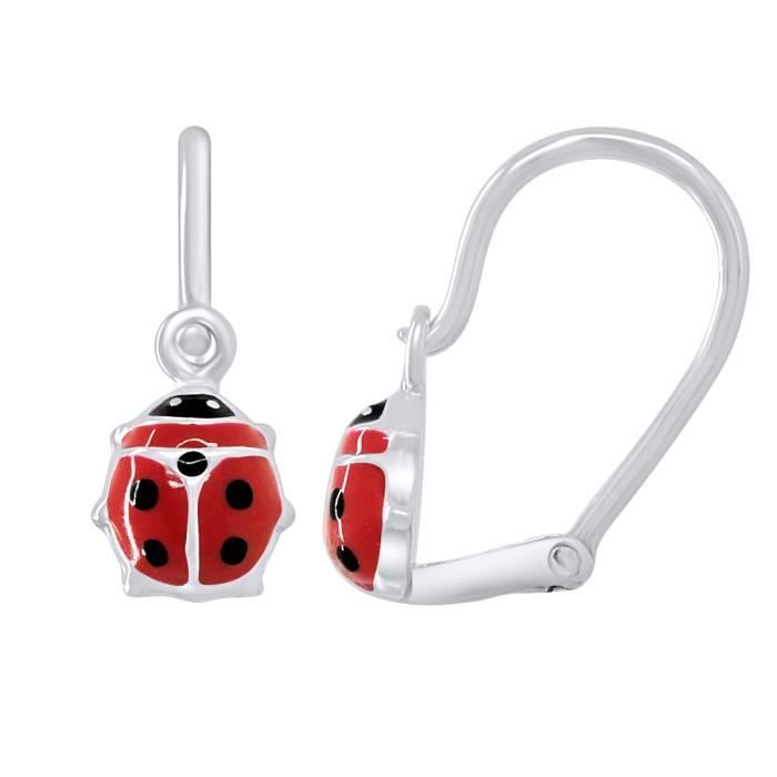 Boucles D'oreilles Créoles Enfant Coccinelle - Argent 925, émail Rouge, Zircon, Fabrication Française