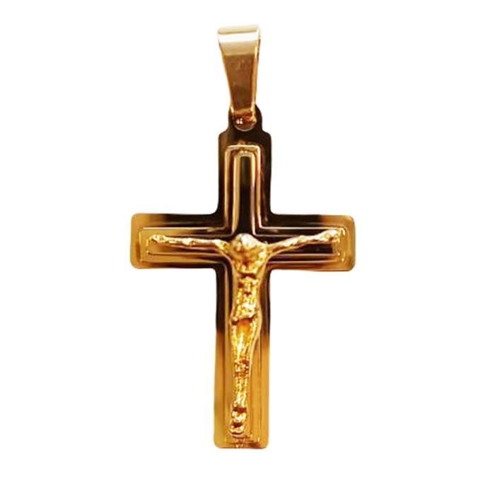 Pendentif Croix Vintage Des Années 70 - Métal Doré Et Noir - Bijou D'occasion