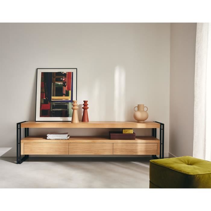meuble tv bogota - lisa design - 200 cm - bois massif - 3 tiroirs - pieds en métal noir