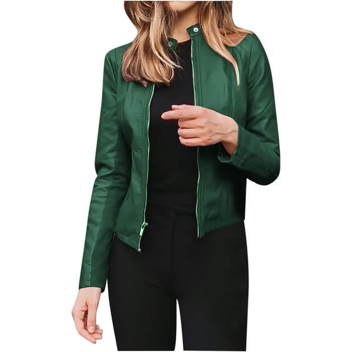 Veste veste en cuir femme moto PU vintage bomber moto veste veste en cuir imitation chic manteau Vert Vert Cdiscount Pret a Porter