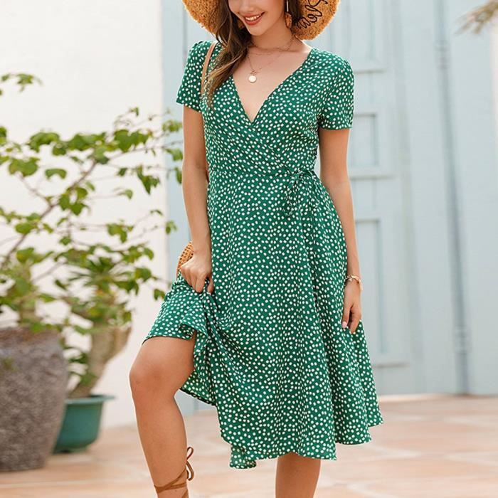 Robe Mi longue Femmes Floral Slim manches courtes mi longueur en mousseline de soie imprime col V a pois Vert Vert Cdiscount Pret a Porter