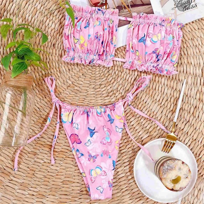 MAILLOT DE BAIN Nouveau Plisse Bandeau Bikini Bresilien 2021 Maillot De Bain Maillot De Bain Pour Femme Type Pink Butterfly Blanc Cdiscount Pret a Porter