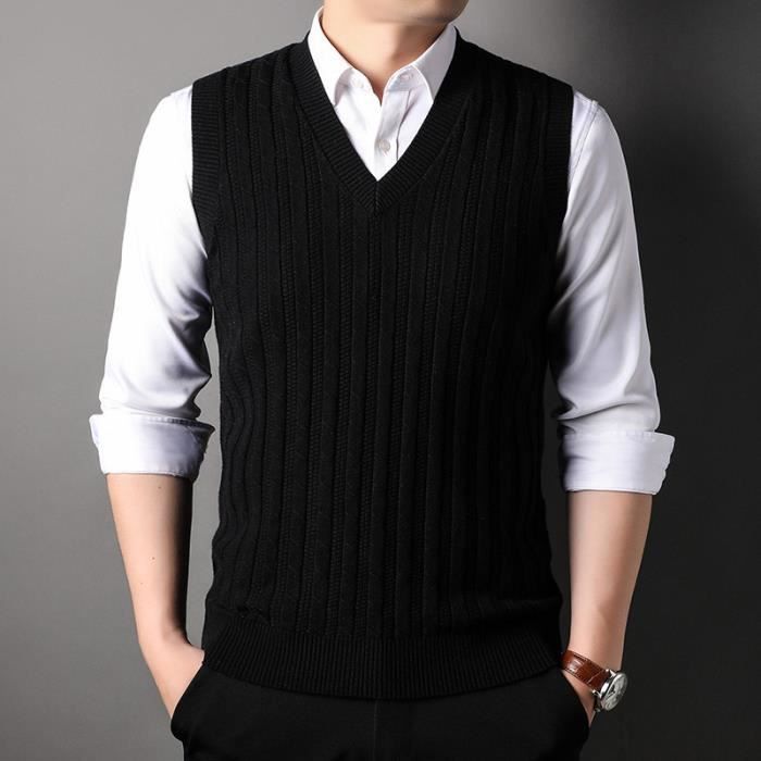 Gilet en Tricot Homme Sans Manches Col V Cardigan Elegant Automne Hiver Couleur Unie - Noir Noir - Prêt-à-Porter