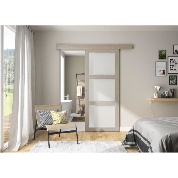 OPTIMUM - Kit porte coulissante 3 carreaux + rail + bandeau Vérone - H.204 x L.83 x P.4 cm - Chêne taupe