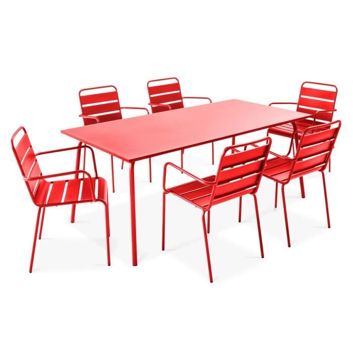 Ensemble table et 6 fauteuils de jardin en acier OVIALA - Palavas Rouge - 180 x 90 x 72 cm