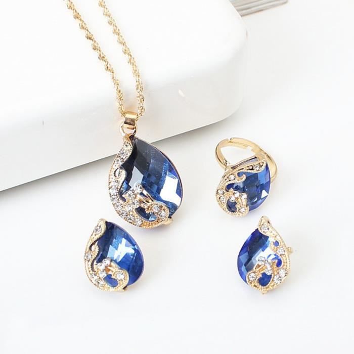 parure bijoux ajustable pour femme coffret cadeau rmega boucle d'oreille collier - bague - chic - saint valentin - bleu