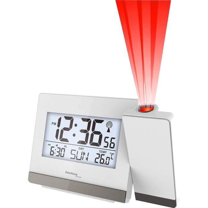 Réveil Radio-piloté Technoline WT 537 Avec Projection - Température, Humidité, Phases De Lune - 16,5x5,6x7,5 Cm