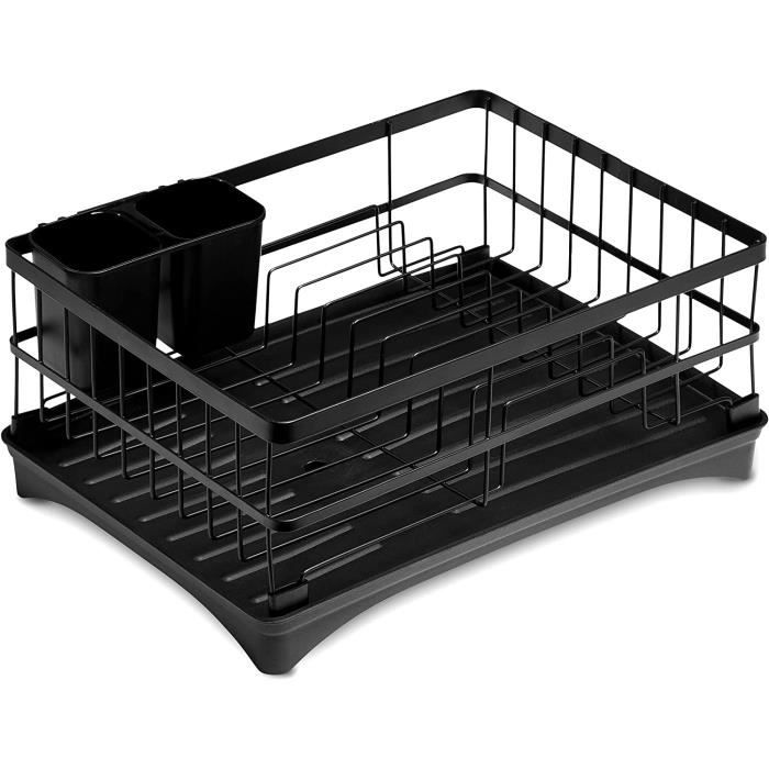 Hanseküche Égouttoir Noir Mat Avec Poignées Bois - Support Vaisselle Acier Inoxydable Robuste Pour Évier