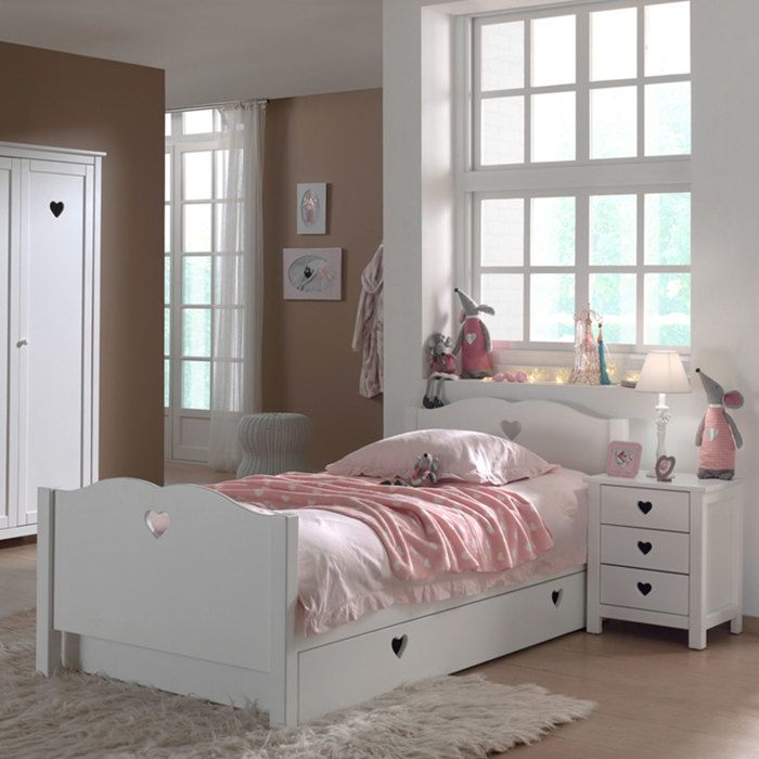 Lit avec tiroir + chevet + armoire 3 portes en pin blanc - AMORENA
