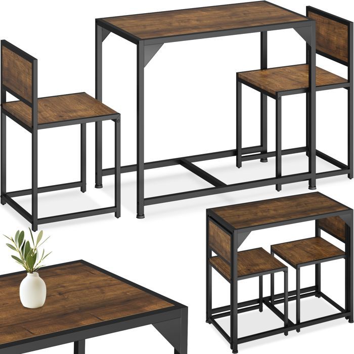 Ensemble table et chaises - TECTAKE - Ensemble de dîner MILTON style industriel 2 chaises et 1 table bois et acier - Bois foncé