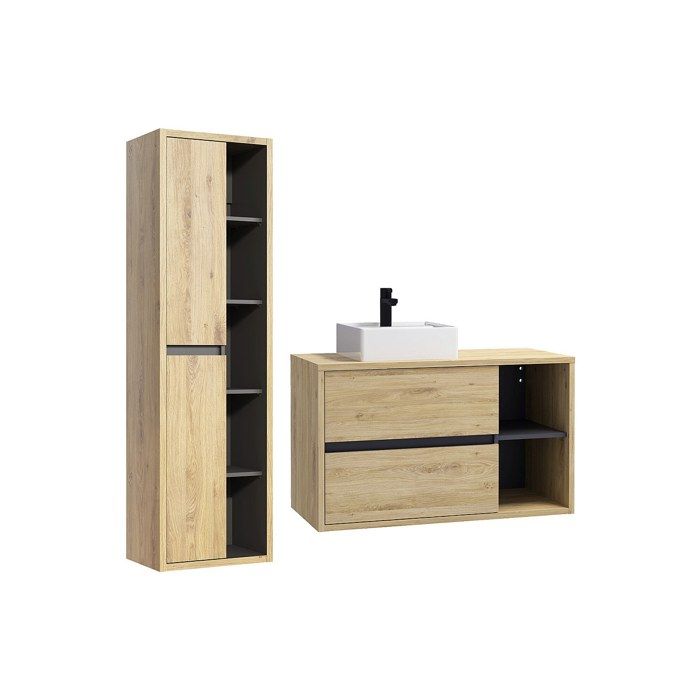 Meuble de salle de bain suspendu avec vasque carrée et colonne - Coloris naturel - 100 cm - PURNAL