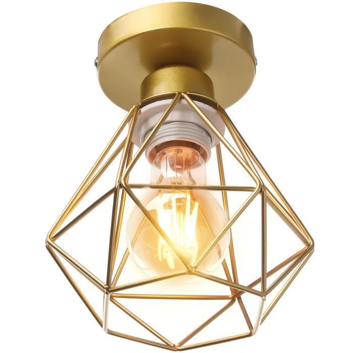 WOTTES 1pcs Plafonnier Industrielle en Métal Cage Doré 16CM Lustre Abat-jour Fer Luminaire E27 40W pour Cuisine(Diamant)