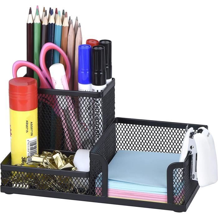 organiseur de bureau en métal grillagé avec Pot à stylo, range stylo bureau, porte crayon bureau, rangement métallique bureau -noir