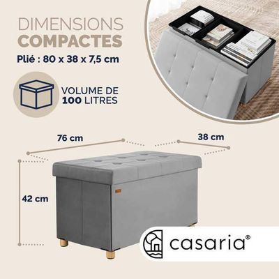 Banc Rangement Velours Beige Casaria 76x38x42cm - Coffre Siège 100L Pliable Salon Chambre