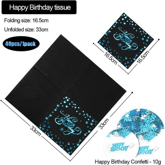 60 Serviettes Papier Anniversaire Noir Et Or + Confettis - 33x33cm Jetables