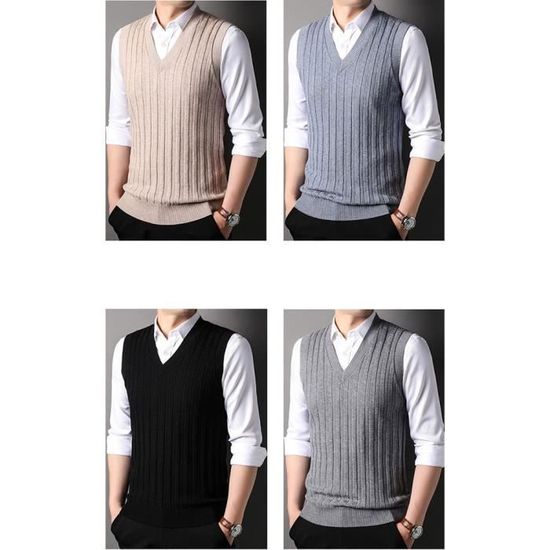 Sykooria Pull Homme sans Manches en Col V Gilet Veste en Maille Automne Homme Cardigan Décontractée en Tricot, Noir 2, XXL