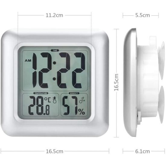 Horloge de Salle de Bain, Horloge de Douche Contrôle Tactile étanche, Alarme Numérique LCD, Thermomètre Hygromètre, Minuterie de Compte à Rebours, Alimenté par Pile (Bleu