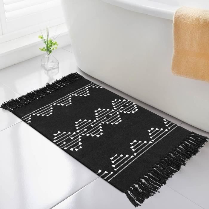 Tapis Cuisine Bohème INKAROBOX – Lavable, Glands Coton, Antidérapant Recommandé, Noir/Blanc Rectangulaire