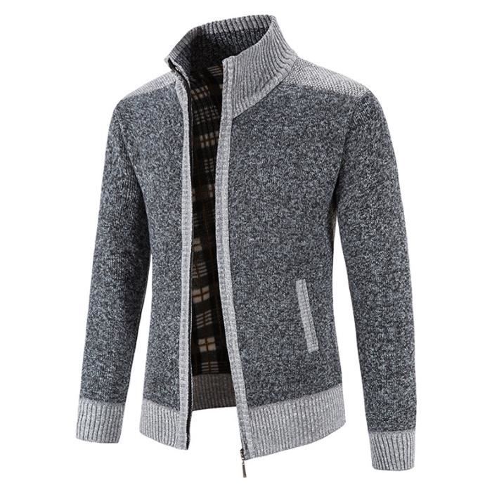 Gilet Zippé en Tricot Homme Doublé Polaire Automne Hiver Cardigan