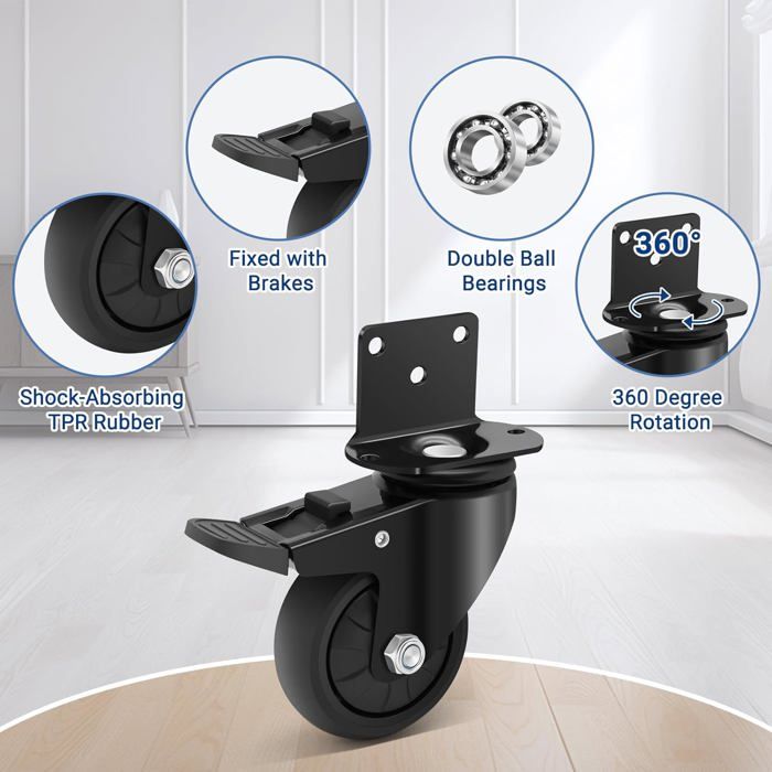 Lot De 4 Roulettes Pivotantes 75mm – Charge Lourde, Noir, Fixations M12, BAOLIHUI
