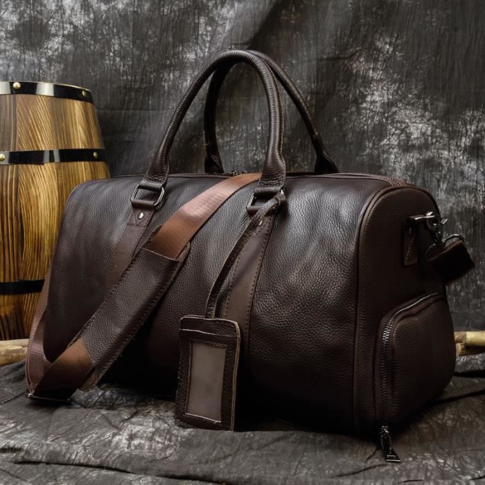 Noir 55cm Sac polochon en cuir de vachette v ritable pour