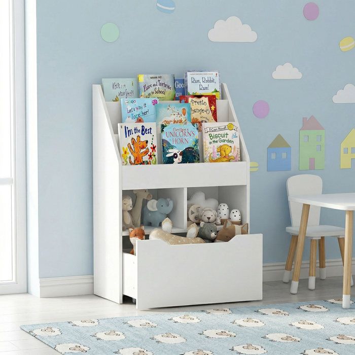 HOMCOM Bibliothèque Enfant Avec Tabouret Et 6 Compartiments - Coffre à Jouets Gris Naturel