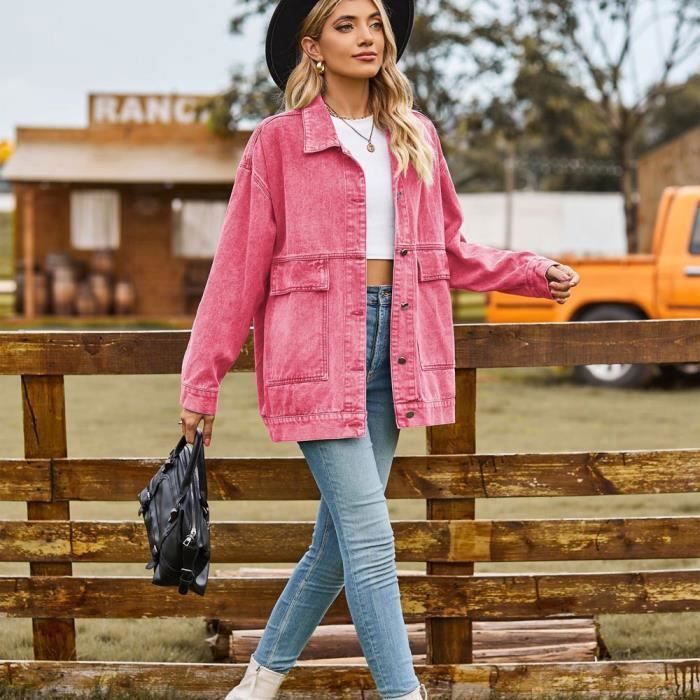 Veste En Jeans Femme Mi Saison Avec Poches Casual Veste Denim Lache Couleur Unie Pour Printemps Et Automne Taille EU Rose
