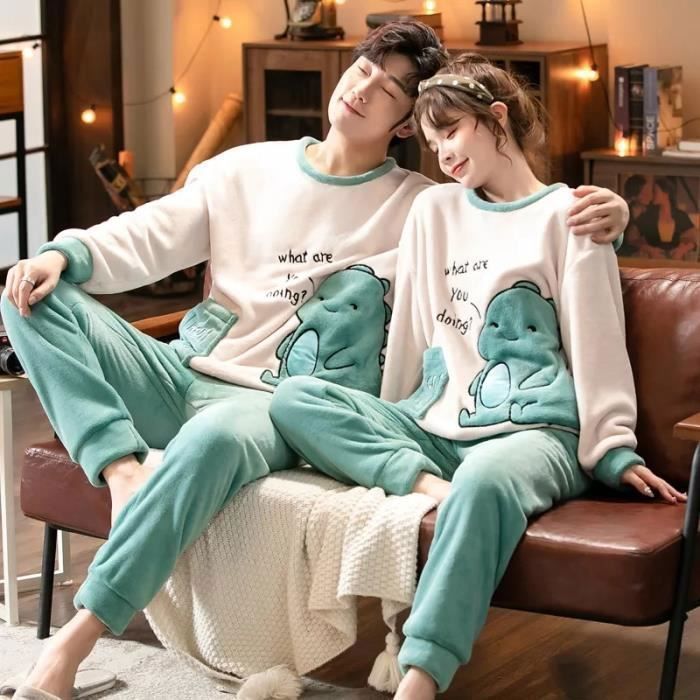 Pyjamas corail polaire automne et hiver flanelle vert dinosaure Femme ECELEN