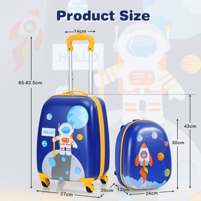 Valise Enfant 16" + Sac à Dos 12" - 4 Roues Universelles - Motif Avion/voiture - Pour Fille Et Garçon
