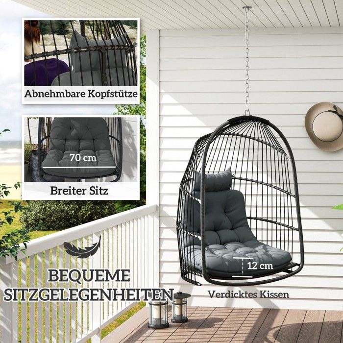 Balancelle de chaise suspendue avec grand coussin épais pour extérieur et intérieur - Coussins lavables inclus Balancelle de chaise suspendue avec grand coussin épais pour extérieur et intérieur - Coussins lavables inclus