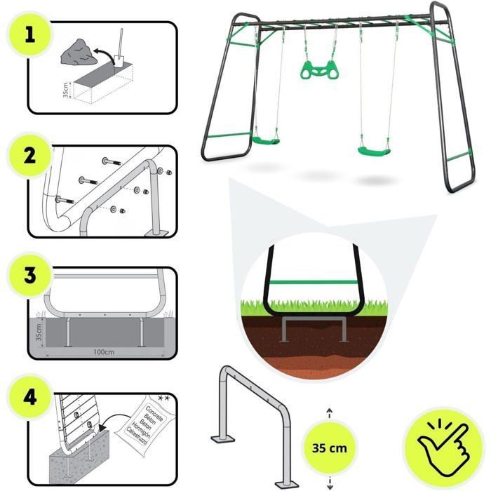 HyperMotion Swing HYP17 – Balançoire Enfant 2 Sièges + Échelle + Trapèze – Acier Thermolaqué, 150 Kg – Jardin Extérieur