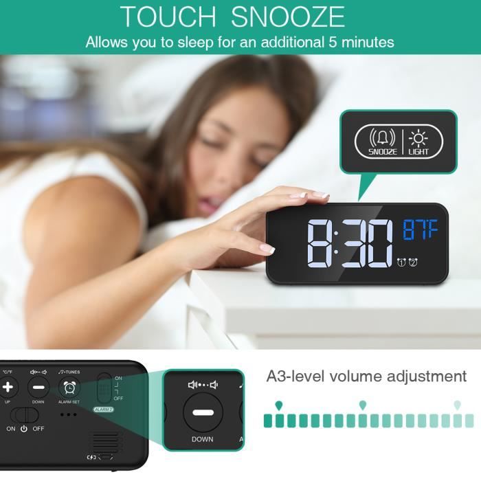Réveil Numérique LED RGB Miroir - Double Alarme, 8 Sons Sommeil, Lumière Ambiance Multicolore, Charge USB, Snooze
