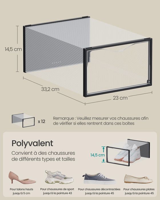 SONGMICS BoÎtes À Chaussures, Lot de 18, Rangement Chaussures, Pliable SONGMICS BoÎtes À Chaussures, Lot de 18, Rangement Chaussures, Pliable